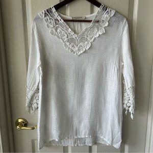 White Linen with Lace Collar and Sleeves, Made in Italy